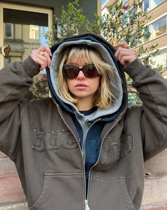 Distressed Big Logo Zip - Brown