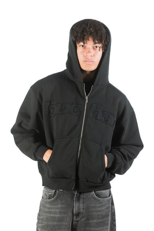 Distressed Big Logo Zip - Black