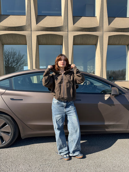Distressed Big Logo Zip - Brown