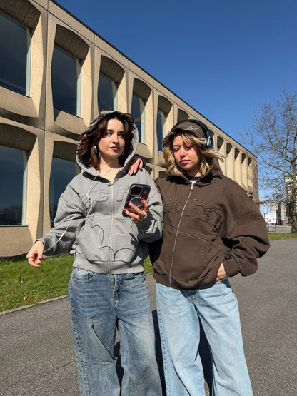 Distressed Big Logo Zip - Brown