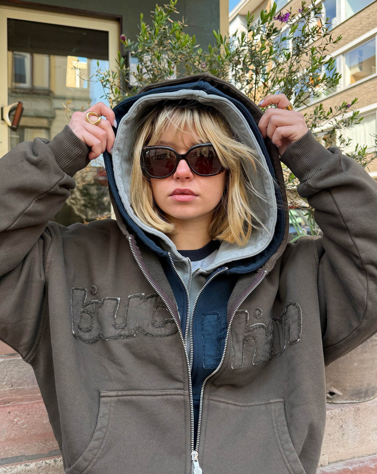 Distressed Big Logo Zip - Brown