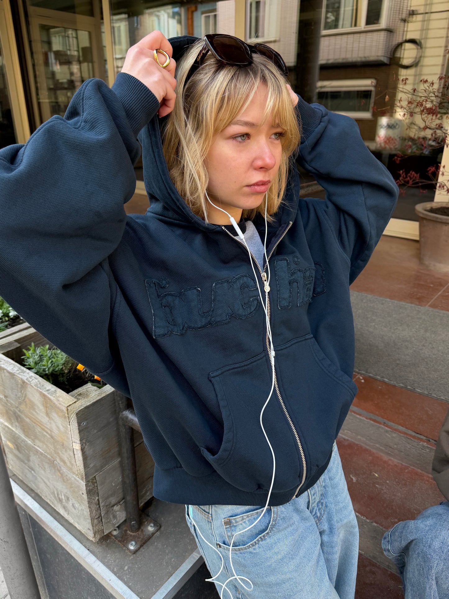 Distressed Big Logo Zip - Navy