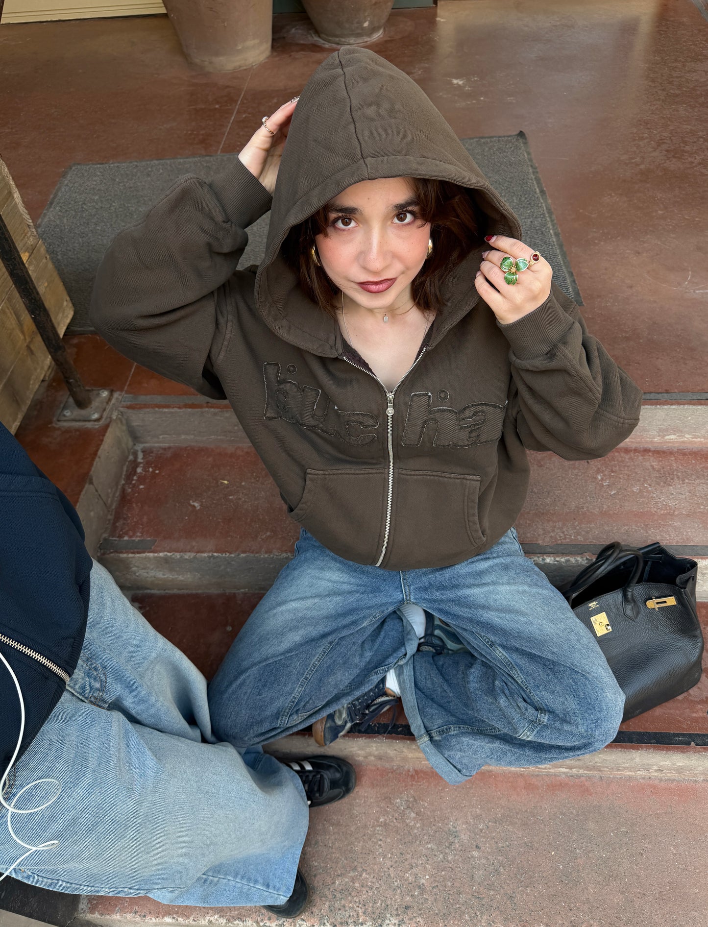 Distressed Big Logo Zip - Brown