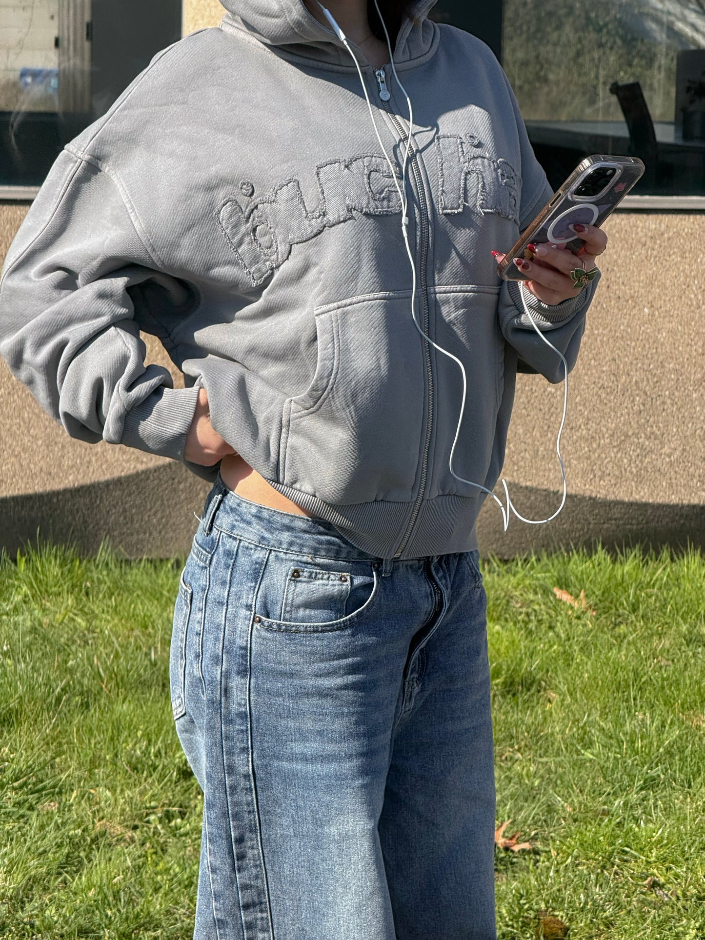 Distressed Big Logo Zip - Grey