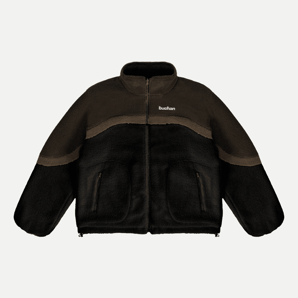 Reversible Buchan fleece in black/brown, black sherpa with brown panels, front product shot