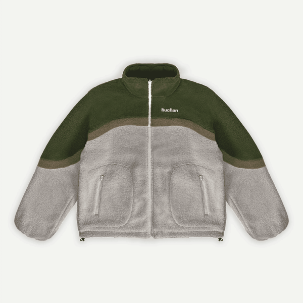 Reversible Buchan fleece in khaki, green and light grey colour-blocked sherpa, front product shot