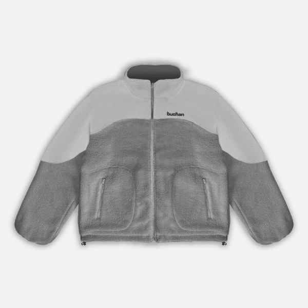 Reversible Buchan fleece in grey, two-tone light and dark grey sherpa with zip pockets, front view