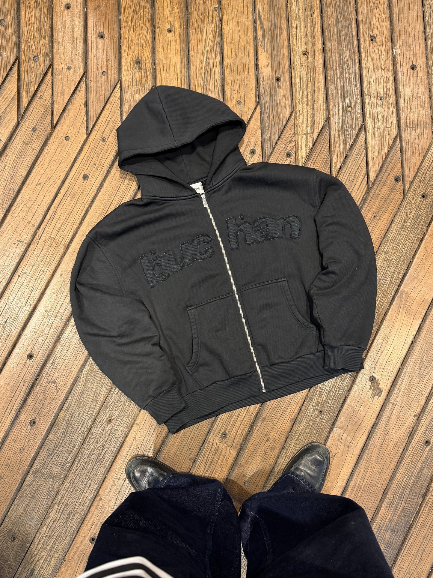 Distressed Big Logo Zip - Black