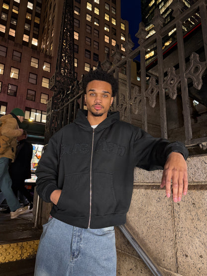 Distressed Big Logo Zip - Black