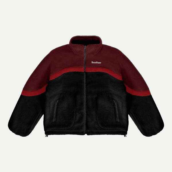 Reversible Buchan fleece in red, black sherpa with burgundy and red panels, front product shot
