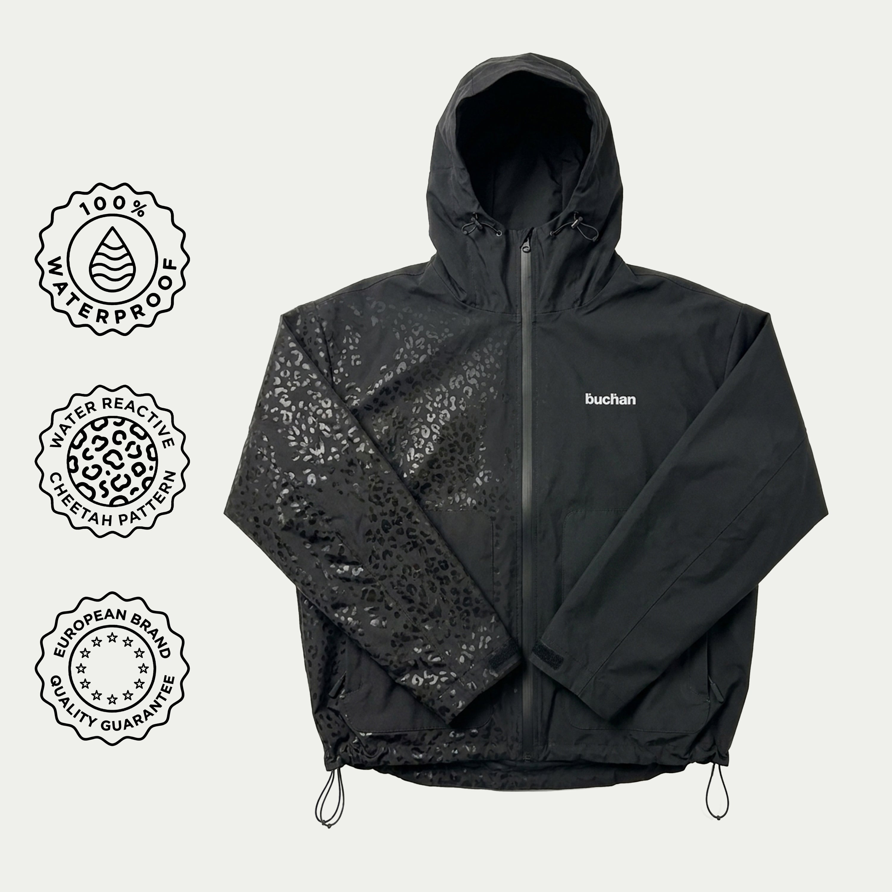 Water Reactive Cheetah Rain Jacket - Black – Buchan